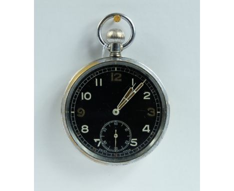 Military pocket watch with black dial marked to the back with broad arrow G.S.T.P Q8381 , in good working order
