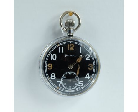 Helvetia Military pocket watch with black dial marked to the back with broad arrow GS/TP P88498 , in good working order (fing