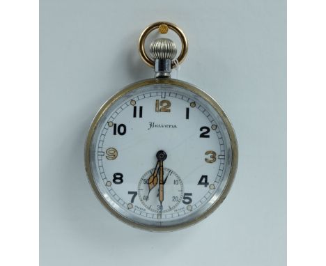 Helvetia Military pocket watch with white dial marked to the back with broad arrow G.S/T.P P63133 , in good working order (cr