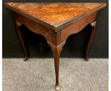 A 19th century mahogany card table, triangular fold over top with rosewood cross-banding, single small drawer below, and cabr