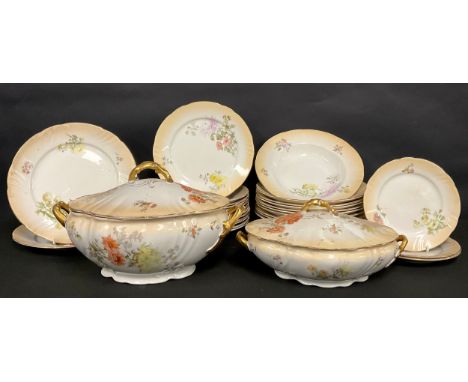 A late Victorian Doulton Burslem part dinner service, decorated with flowers on a graduated blush ivory ground, comprising la