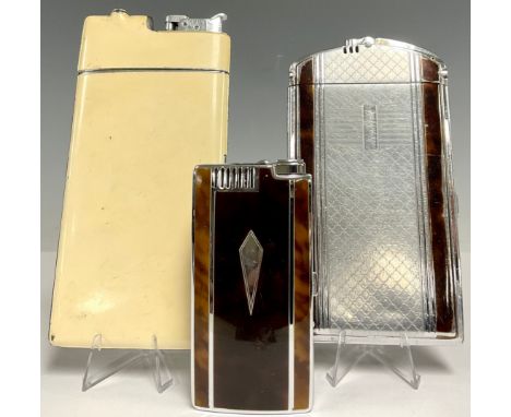 An Art Deco enamelled combination cigarette case and lighter, 17cm high; others similar (3)