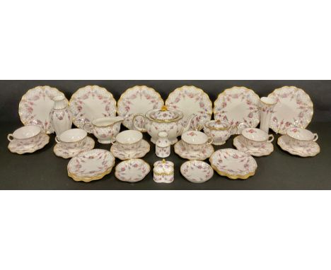 A Royal Crown Derby Royal Antoinette pattern tea service for six, comprising teapot, sucrier, sugar bowl, six cups, saucers, 