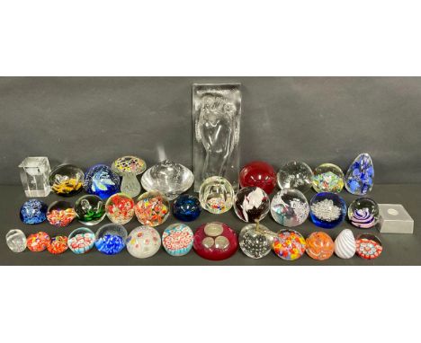 A collection of glass paperweights, including millefiori, Caithness Sea Dance, Wedgwood, Phoenician, etc; a rectangular glass