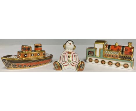 A Royal Crown Derby miniature model, Treasure of Childhood, Tugboat, first quality; others, Steam Train, second quality; Stri