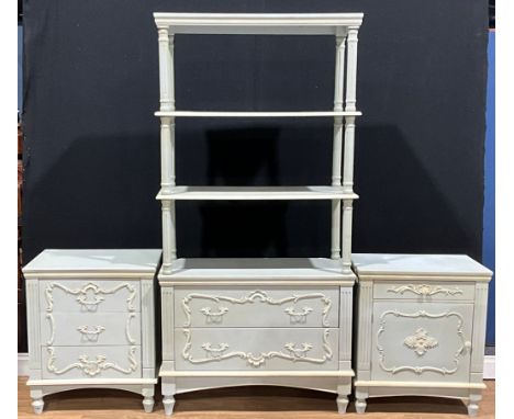 A contemporary French Rococo design open display stand or etagere, 181cm high, 89.5cm wide, 39.5cm deep; a similar commode an