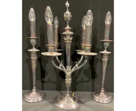 A 20th century EPNS four light candelabrum table lamp, in the Neo-Classical taste, 56cm high; a similar pair of single light 