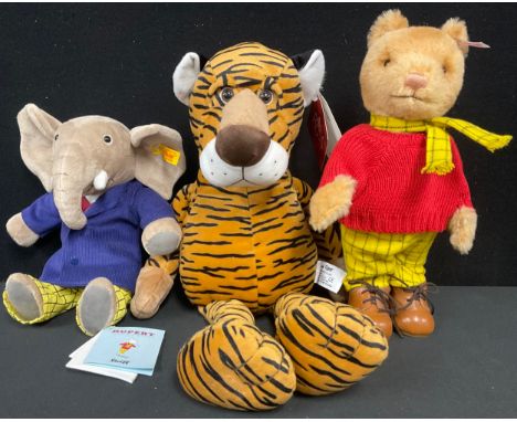 Toys and Juvenalia - a Steiff Rupert The Bear, trademark 'Steiff' button to ear with red and white tag, 30cm high; another, E