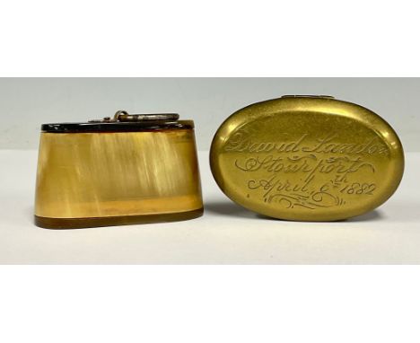 A Victorian brass snuff box, the hinged cover engraved David Landon Stourport April 6th 1882, 7cm long; another, horn, loop h