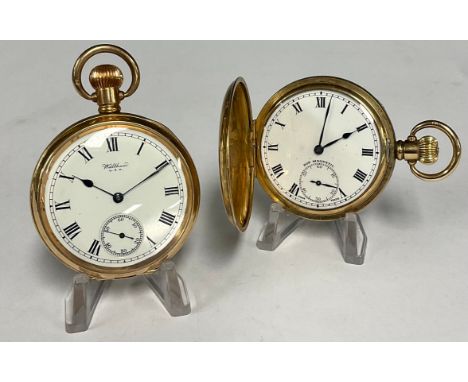 A Hefik Watch Co gold plated hunter case pocket watch, white enamel dial, Roman numerals, subsidiary seconds, stem wind Swiss