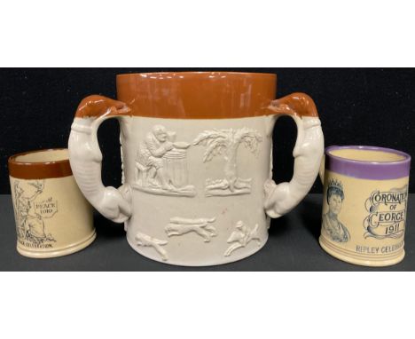 A large Bourne Denby stoneware tyg, three greyhound handles, sprigged with George and The Dragon, hunting party, windmill, tr