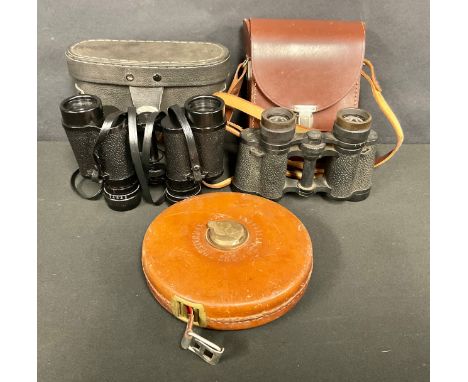 Carl Zeiss, Jena 8x30m binoculars; Superoptic pair; leather cased 100ft tape measure, J Chesterman, Sheffield