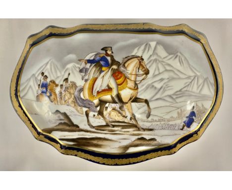 A large Continental porcelain gilt metal mounted serpentine casket, the hinged cover decorated with Napoleon on horseback, on