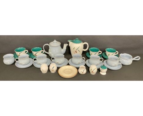 Denby stoneware inc Blue Dawn Teapot, cups and saucers etc,  Greenwheat cups etc qty