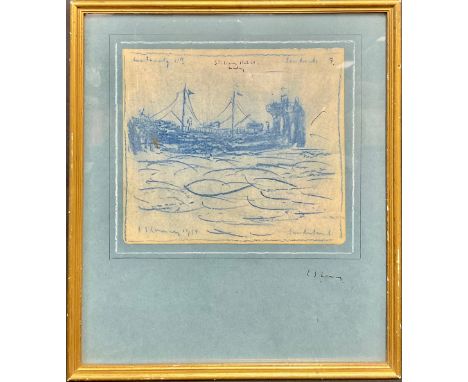 After L. S. Lowry (1887-1976) Trawler, Sunderland signed, dated 1958, crayon, 16cm x 18cm