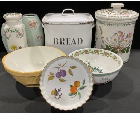 A large Portmeirion Botanic Garden bread bin and cover, 37cm high; a Portmeirion Birds of Britain salad/fruit bowl, 29cm diam