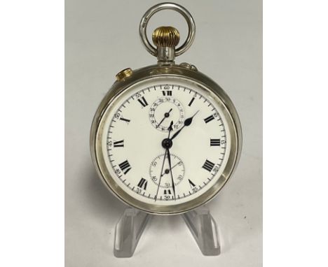A continetal silver chronograph pocket watch, white dial, Roman numerals, calendar and seconds subsidiary dials, stem wind mo