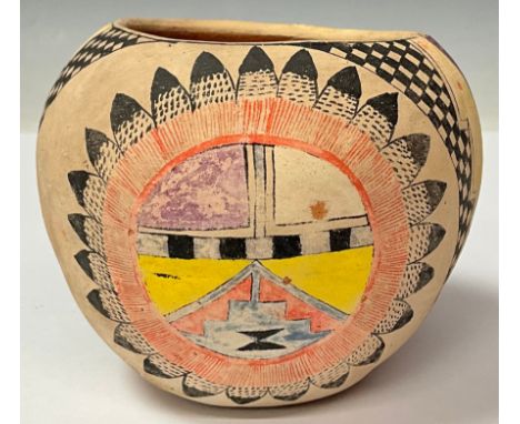 Tribal Art - a Tesuque Pueblo Native American pottery ovoid vessel, decorated in polychrome with geometric shapes in the trad