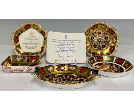 A Royal Crown Derby 1128 Imari pattern five petal trinket dish, solid gold band, first quality; others, shaped rectangular tr