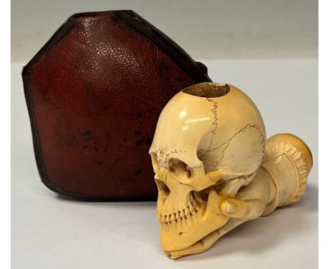 The Macabre - A Victorian memento mori Meerschaum pipe, as a hand holding a skull, Morocco leather case