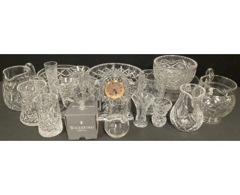 Glassware - a Waterford Crystal mantel clock, 18cm high; a Waterford Crystal model, of a butterfly, 8cm wide, boxed; various 