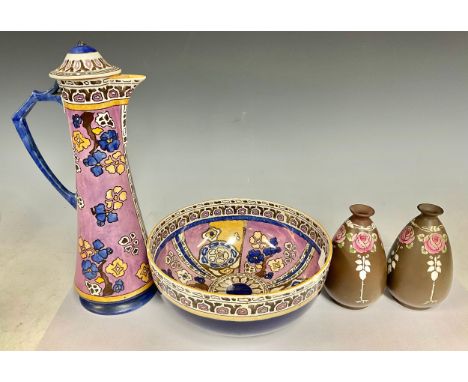 A Shelley Moresque pattern ewer, decorated in tones of purple, blue and mauve, 35cm high, printed marks; another, fruit bowl;