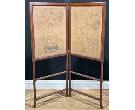 An early 20th century mahogany bi-fold dressing screen, applied with Chinese scroll panels