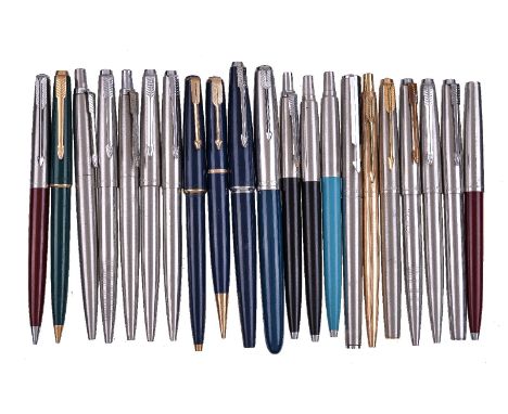 A collection of Parker pens, to include: Parker, 51, a green fountain pen, the white metal cap with arrow clip, hooded nib, a