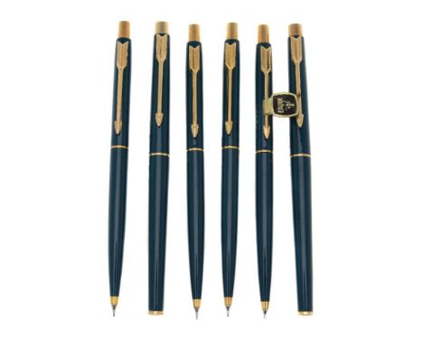 Parker, Classic, a jade lacque fountain pen, a roller ball pen and four propelling pencils, the fountain pen with gilt arrow 