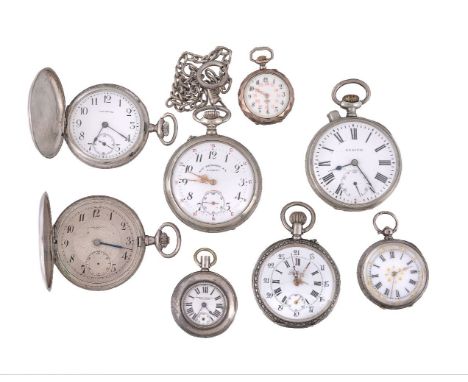 A collection of eight silver, silver coloured and white metal pocket watches, makers to include: Bellona, Louis Roskopf, Zeni