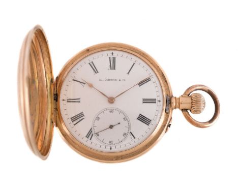 H. Moser &amp; Co.,   Gold coloured full hunter keyless wind pocket watch, no. 25982   Movement: Lever escapement   Case: Gol