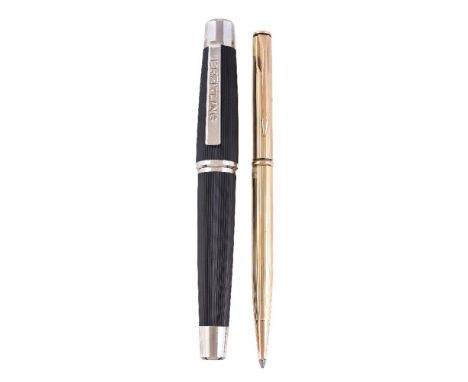 Breitling, a black roller ball pen, with striated decoration, the cap with a clip, with a Breitling leather pen pouch; Parker