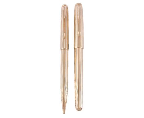 Parker, Sonnet Dimonite, a gold plated fountain pen and propelling pencil, the fountain pen with arrow clip, fine nib, cartri