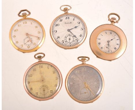 A collection of five gold plated slim line pocket watches, to include: an open face keyless wind pocket watch, Swiss lever mo