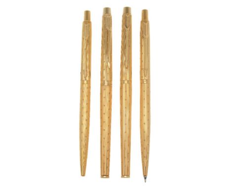 Parker, Classic Perle, a gold plated fountain pen, roller ball pen, ball point pen and propelling pencil, the fountain pen wi