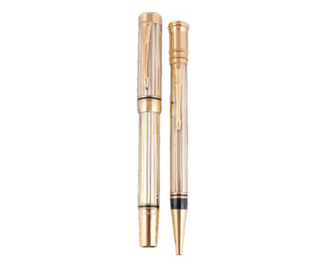 Parker, Duofold International Model B, a prototype two tone fountain pen and ball point pen, the fountain pen cap with gilt a