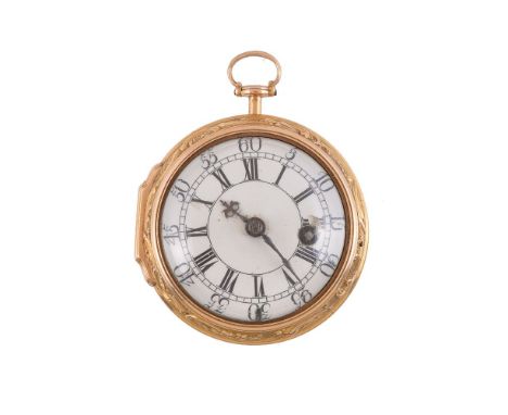 Andrew Dunlop, London,   Gold coloured open face pocket watch, circa 1720   Movement: Verge fusee   Case: Gold coloured two p