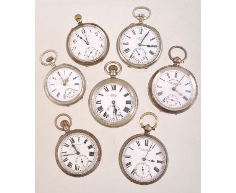 A collection of seven white metal pocket watches, to include: West End Watch Co., a silver coloured open face keyless wind po