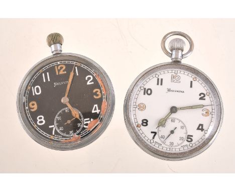 Helvetia,   Base metal open face keyless wind military pocket watch, no. 6010   Movement: Cal. 32A, lever escapement   Case: 