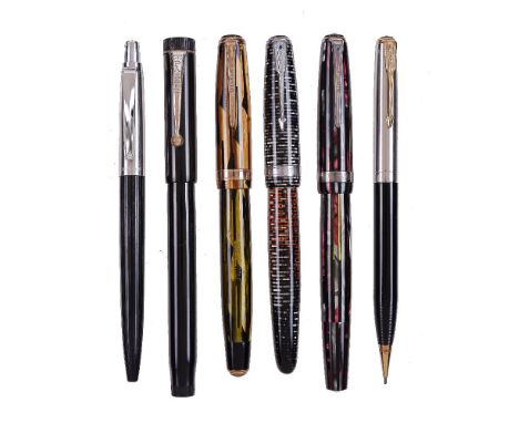 Parker, a collection of pens, to include: Parker, Duofold Lucky Curve, the cap with clip, button filling system; Parker, Duof
