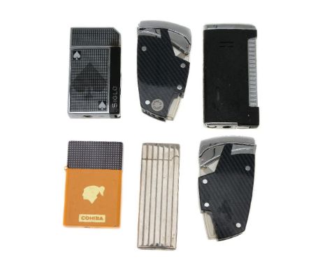 A collection of lighters, to include: Siglo, Spade, a white metal lighter, with Ace of Spade decoration, 6cm high; Cohiba, a 