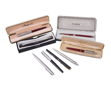 A collection of Parker pens, to include: Parker, 61, a red fountain pen, the brushed metal cap with arrow clip, hooded nib, c