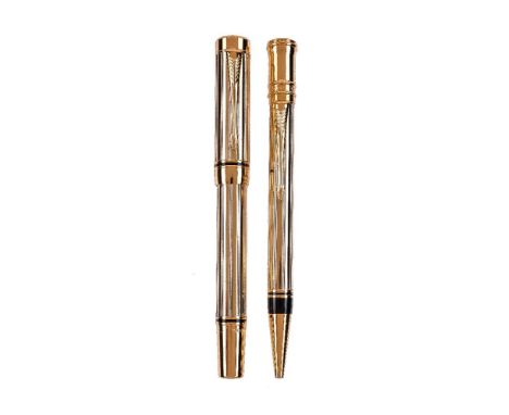 Parker, Duofold International Model B, a prototype two tone fountain pen and ball point pen, the fountain pen cap with gilt a