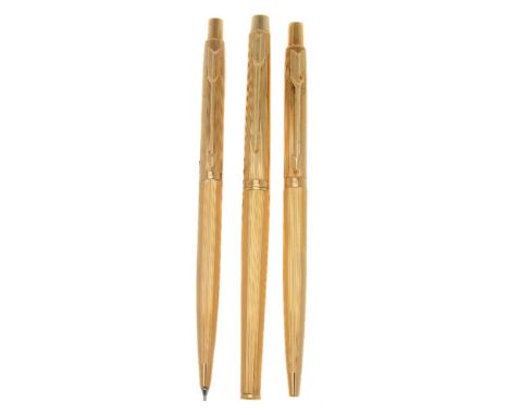 Parker, Classic Milleraies, a gold plated roller ball pen, ball point pen and propelling pencil, with arrow clips