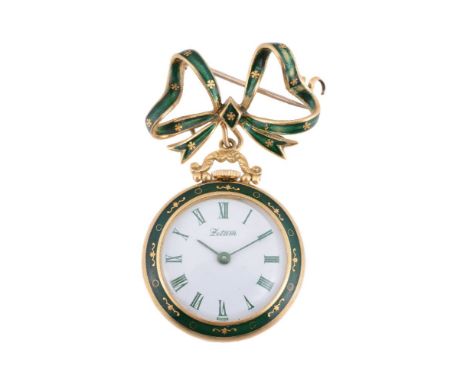Letam,   Gold and enamel brooch fob watch   Movement: Cal. ETA 980, manual wind, 17 jewels   Case: Gold coloured and enamel t