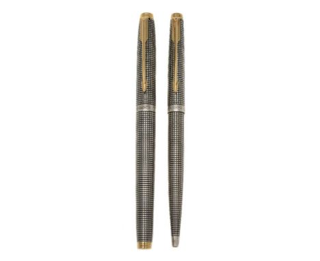 Parker, 75 Cisele, a silver coloured fountain pen and ballpoint pen, stamped 925 sterling and French Minerva mark, with engin