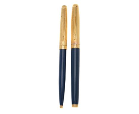 Parker, 75 Custom, a blue laque fountain pen and ballpoint pen, the fountain pen with gilt reeded cap and arrow clip, the med