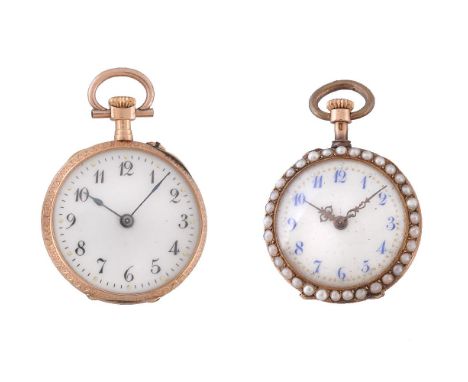 Unsigned,   18 carat gold, enamel and half pearl open face keyless wind fob watch, no. 111086, circa 1900   Movement: Cylinde