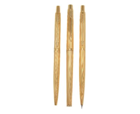 Parker, Classic Milleraies, a gold plated roller ball pen, ballpoint pen and propelling pencil, with arrow clips