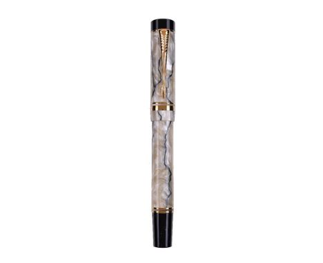 Parker, Duofold, a pearl marbled fountain pen, the cap with gilt arrow clip and double cap band, the extra fine nib stamped 1